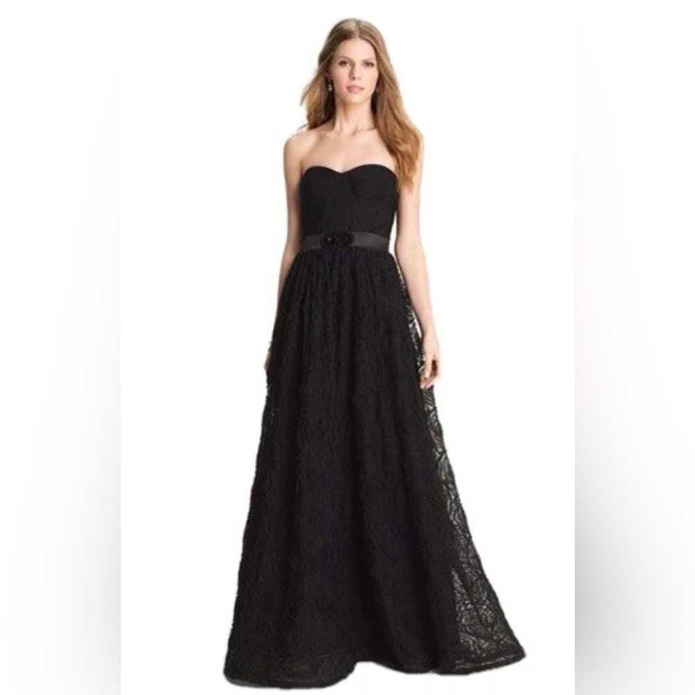 Adrianna Papell Strapless Black Lace Pleated Bodice Rosette Ball Gown Size 2